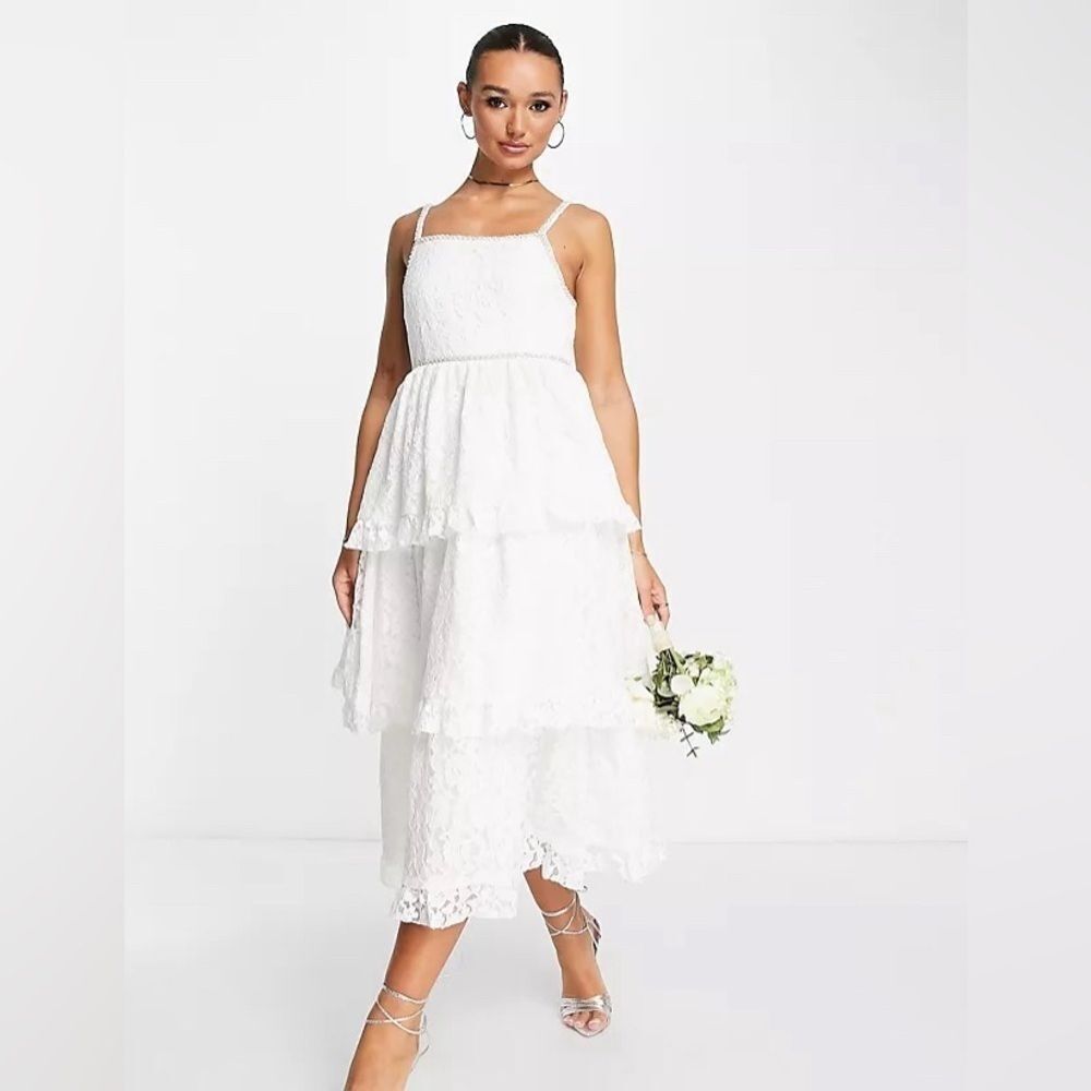 Dream Sister Jane Size M New W/O Tag Bridal tiered midi dress lace pearl details